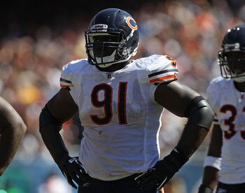 CHICAGO - SEPTEMBER 12: Tommie Harris #91 of the Chicago Bears awaits the start of play against the Detroit Lions during the NFL season opening game at Soldier Field on September 12, 2010 in Chicago, Illinois. The Bears defeated the Lions 19-14. (Photo by