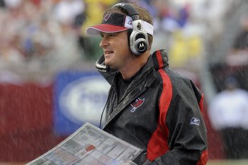 TAMPA, FL - NOVEMBER 30: Coach Jon Gruden of the Tampa Bay Buccaneers directs play against the New Orleans Saints at Raymond James Stadium on November 30, 2008 in Tampa, Florida.  (Photo by Al Messerschmidt/Getty Images)