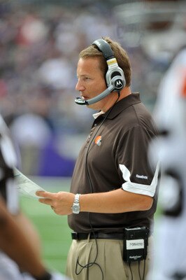BALTIMORE - SEPTEMBER 26:  Head coach  Eric Mangini of the Cleveland Browns coaches against the Baltimore Ravens  at M&T Bank Stadium on September 26, 2010 in Baltimore, Maryland. The Ravens defeated the Browns 24-17. (Photo by Larry French/Getty Images)