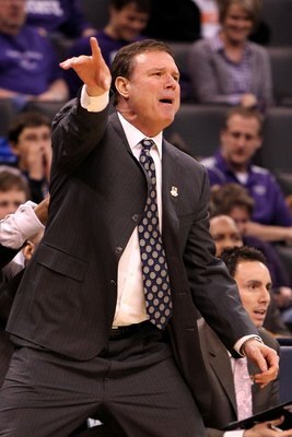 OKLAHOMA CITY - MARCH 20:  Head coach Bill Self of the Kansas Jayhawks reacts against the Northern Iowa Panthers during the second round of the 2010 NCAA men's basketball tournament at Ford Center on March 20, 2010 in Oklahoma City, Oklahoma.  (Photo by R