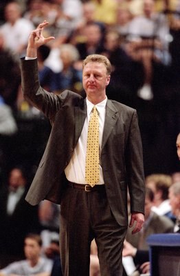 8 May 2000:  Head Coach Larry Bird  of the Indiana Pacers signals a call from the sidelines during the NBA Playoff Round Two Game against the Philadelphia 76ers  at the Conseco Fieldhouse in Indianapolis, Indiana. The Pacers defeated the 76ers 103-97.  NO