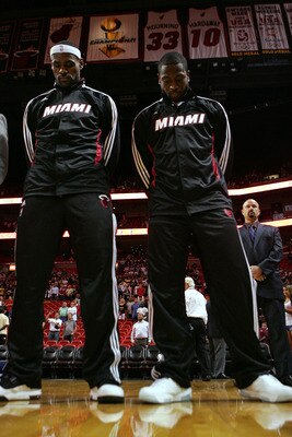 MIAMI - OCTOBER 12:  Forward LeBron James #6 and Dwyane Wade #3 of the Miami Heat prior to playing CSKA Moskow on October 12, 2010 in Miami, Florida.  NOTE TO USER: User expressly acknowledges and agrees that, by downloading and or using this photograph,