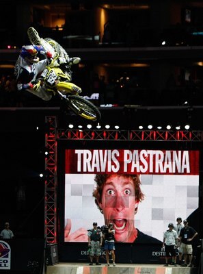 LOS ANGELES, CA - JULY 31:  Travis Pastrana competes before crashing in the Moto X Best Trick Final during X Games 15 at Staples Center on July 31, 2009 in Los Angeles, California.  (Photo by Jeff Gross/Getty Images)