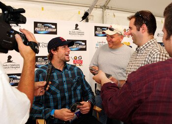 ROSSBURG, OH - JUNE 09:  Travis Pastrana, driver of the #199 Red Bull late model Toyota, speaks with the media prior to the Gillette Fusion ProGlide Prelude to the Dream at Eldora Speedway on June 9, 2010 in Rossburg, Ohio.  (Photo by Rusty Jarrett/Getty