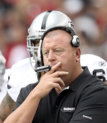 GLENDALE, AZ - SEPTEMBER 26:  Head coach Tom Cable of the Oakland Raiders stands on the sidelines during the NFL game against the Arizona Cardinals at the University of Phoenix Stadium on September 26, 2010 in Glendale, Arizona.  The Cardinals defeated th