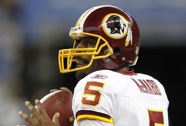 DETROIT - OCTOBER 31: Donovan McNabb #5 of the Washigton Redkins warms up prior to the start of the game against the Detroit Lions at Ford Field on October 31, 2010 in Detroit, Michigan. (Photo by Leon Halip/Getty Images)