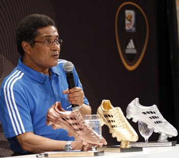 JOHANNESBURG, SOUTH AFRICA - JULY  01:  Eusebio Ferreira da Silva during a media event discussing the Golden Boot comptetition in the FIFA 2010 World Cup held at the adidas Jo'bulani Central in Sandton Convention Centre on July 1, 2010 in Johannesburg, So