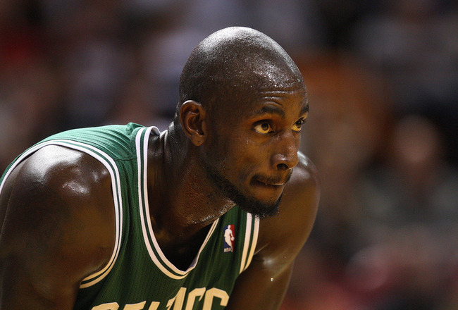 MIAMI - NOVEMBER 11:  Kevin Garnett #5 of the Boston Celtics watches a free throw during a game against the Miami Heat at American Airlines Arena on November 11, 2010 in Miami, Florida. NOTE TO USER: User expressly acknowledges and agrees that, by downloa