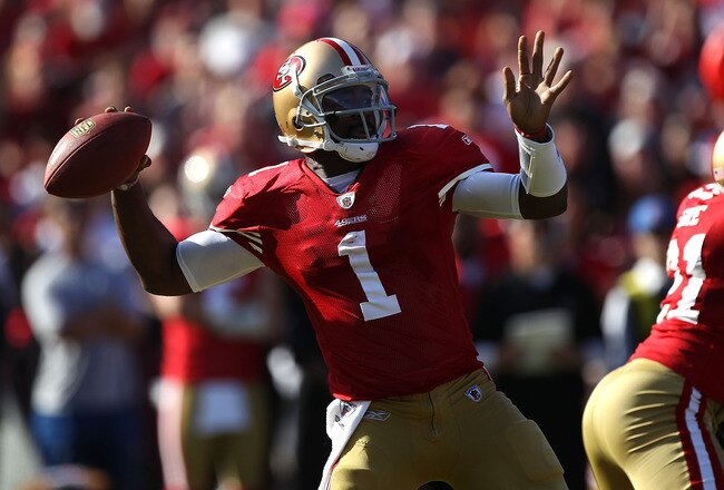 SAN FRANCISCO - NOVEMBER 14:  Troy Smith #1 of the San Francisco 49ers passes against the St. Louis Rams during an NFL game at Candlestick Park on November 14, 2010 in San Francisco, California.  (Photo by Jed Jacobsohn/Getty Images)