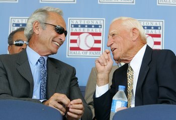 COOPERSTOWN, NY - JULY 30:  Hall of Famers Sandy Koufax (L) and Sparky Anderson talk before the start of the 2006 Baseball Hall of Fame induction ceremony at Clark Sports Center on July 30, 2006 in Cooperstown, New York.  (Photo by Jim McIsaac/Getty Image