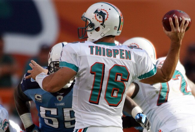 MIAMI - NOVEMBER 14:  Quarterback Tyler Thigpen #16 of the Miami Dolphins passes against the Tennessee Titans at Sun Life Stadium on November 14, 2010 in Miami, Florida.  (Photo by Marc Serota/Getty Images)