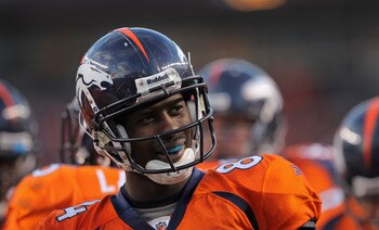 DENVER - NOVEMBER 14:  Wide receiver Brandon Lloyd #84 of the Denver Broncos looks on during a break in the action against the Kansas City Chiefs at INVESCO Field at Mile High on November 14, 2010 in Denver, Colorado. The Broncos defeated the Chiefs 49-29