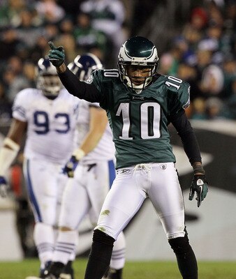 PHILADELPHIA - NOVEMBER 07:  DeSean Jackson #10 of the Philadelphia Eagles celebrates a first down against the Indianapolis Colts during the fourth quarter on November 7, 2010 at Lincoln Financial Field in Philadelphia, Pennsylvania. The Eagles defeated t
