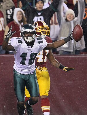 LANDOVER, MD - NOVEMBER 15: Jeremy Maclin #18 of the Philadelphia Eagles celebrates after scoring a touchdown against the Washington Redskins on November 15, 2010 at FedExField in Landover, Maryland.  (Photo by Chris McGrath/Getty Images)