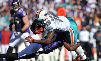 BALTIMORE, MD - NOVEMBER 7:  Brandon Marshall #19 of the Miami Dolphins runs the ball against the Baltimore Ravens at M&T Bank Stadium on November 7, 2010 in Baltimore, Maryland. The Ravens defeated the Dolphins 26-10. (Photo by Larry French/Getty Images)