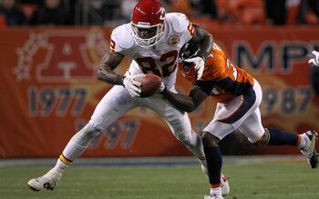 DENVER - NOVEMBER 14:  Wide receiver Dwayne Bowe #82 of the Kansas City Chiefs makes a reception as Champ Bailey #24 of the Denver Bronco defends at INVESCO Field at Mile High on November 14, 2010 in Denver, Colorado. The Broncos defeated the Cheifs 49-29