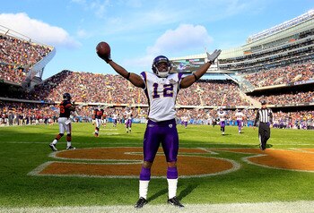 CHICAGO - NOVEMBER 14: Percey Harvin #12 of the Minnesota Vikings celebrates a touchdown catch against the Chicago Bears at Soldier Field on November 14, 2010 in Chicago, Illinois. The Bears defeated the Vikings 27-13. (Photo by Jonathan Daniel/Getty Imag