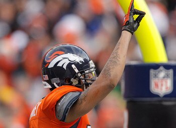 DENVER - NOVEMBER 14:  Wide receiver Jabar Gaffney #10 of the Denver Broncos celebrates his 40-yard touchdown reception against the Kansas City Chiefs during the first quarter at INVESCO Field at Mile High on November 14, 2010 in Denver, Colorado. The Den
