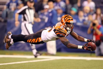 INDIANAPOLIS - NOVEMBER 14:  Chad Ochocinco #85 of the Cincinnati Bengals reaches for a pass during the Bengals 23-17 loss to the Indianapolis Colts in the NFL game at Lucas Oil Stadium on November 14, 2010 in Indianapolis, Indiana.  (Photo by Andy Lyons/