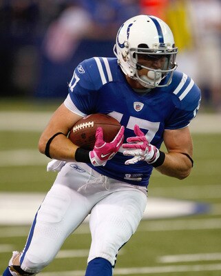 INDIANAPOLIS, IN - OCTOBER 10: Austin Collie #17 of the Indianapolis Colts runs with the football against the Kansas City Chiefs at Lucas Oil Stadium on October 10, 2010 in Indianapolis, Indiana. The Colts defeated the Chiefs 19-9. (Photo by Scott Boehm/G