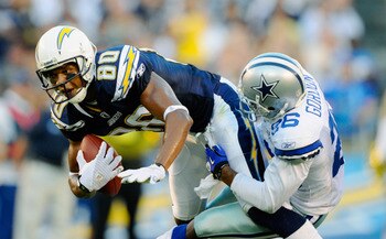 SAN DIEGO - AUGUST 21:  Wide receiver Malcolm Floyd #80 is wrapped up by Cletis Gordon #26 of the Dallas Cowboys during their pre-season NFL football game at Qualcomm Stadium on August 21, 2010 in San Diego, California.  (Photo by Kevork Djansezian/Getty
