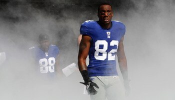 EAST RUTHERFORD, NJ - OCTOBER 17: Mario Manningham #82 of the New York Giants against the Detroit Lions at New Meadowlands Stadium on October 17, 2010 in East Rutherford, New Jersey.  (Photo by Nick Laham/Getty Images)