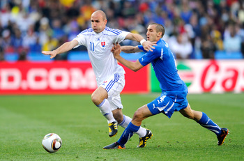 JOHANNESBURG, SOUTH AFRICA - JUNE 24: Giorgio Chiellini of Italy clashes with Robert Vittek of Slovakia during the 2010 FIFA World Cup South Africa Group F match between Slovakia and Italy at Ellis Park Stadium on June 24, 2010 in Johannesburg, South Afri