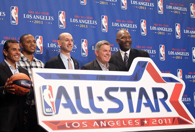 LOS ANGELES, CA - JUNE 06:  The 2011 NBA All-Star logo is unveiled by Los Angeles Mayor Antonio Villaraigosa, Eric Gordon of the Los Angeles Clippers, NBA deputy commissioner Adam Silver, AEG CEO Tim Leiweke and NBA legend James Worthy before Game Two of