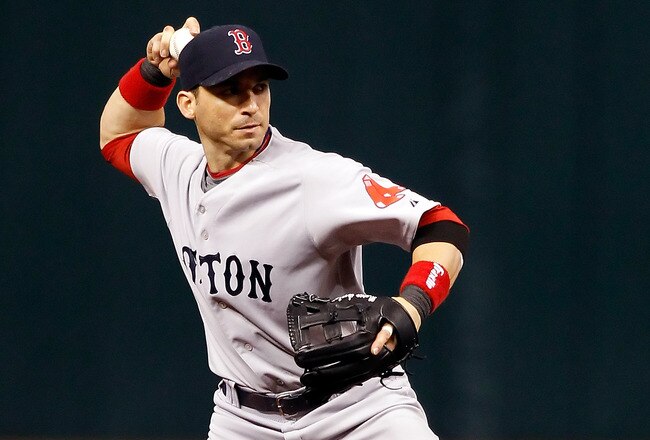 ST. PETERSBURG - AUGUST 29:  Shortstop Marco Scutaro #16 of the Boston Red Sox throws over to first for an out against the Tampa Bay Rays during the game at Tropicana Field on August 29, 2010 in St. Petersburg, Florida.  (Photo by J. Meric/Getty Images)