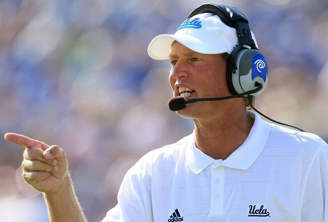 PASADENA, CA - OCTOBER 02:  Head Coach Rick Neuheisel of the UCLA Bruins watches the game against the Washington State Cougars during the game at the Rose Bowl on October 2, 2010 in Pasadena, California. UCLA defeated Washington State 42-28.  (Photo by Je