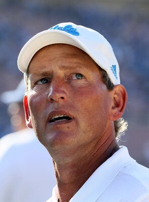 PASADENA, CA - OCTOBER 02:  Head Coach Rick Neuheisel of the UCLA Bruins watches the game against the Washington State Cougars during the game at the Rose Bowl on October 2, 2010 in Pasadena, California. UCLA defeated Washington State 42-28.  (Photo by Je
