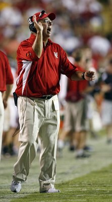 BATON ROUGE, LA - SEPTEMBER 02:  Head coach Rickey Bustle of the University of Louisiana Lafayette watches a play against  Louisiana State University on September 2, 2006 at Tiger Stadium in Baton Rouge, Louisiana.    (Photo by Chris Graythen/Getty Images