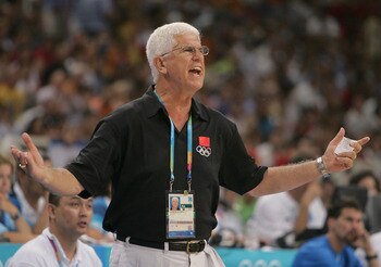 ATHENS - AUGUST 26:   Head coach Del Harris of China reacts to a call in the first half of the men's basketball quarterfinal game against Lithuania on August 26, 2004 during the Athens 2004 Summer Olympic Games at the Indoor Hall of the Olympic Sports Com