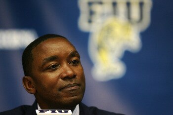 MIAMI - APRIL 15:  Isiah Thomas talks to the media after he was introduced as the new head coach for Florida International Univeristy men's basketball team at U.S.Century Bank Arena on April 15, 2009 in Miami, Florida.  (Photo by Doug Benc/Getty Images)