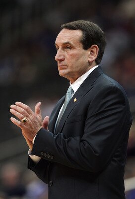KANSAS CITY, MO - NOVEMBER 22:  Head coach Mike Krzyzewski of the Duke Blue Devils coaches from the bench during the CBE Classic game against the Marquette Golden Eagles on November 22, 2010 at the Sprint Center in Kansas City, Missouri.  (Photo by Jamie