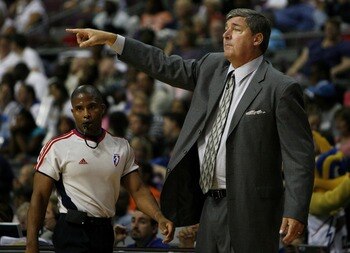 AUBURN HILLS, MI - SEPTEMBER 05:  Bill Laimbeer head coach of the Detroit Shock points out something to his players during Game One of the WNBA Finals against the Phoenix Mercury at the Palace of Auburn Hills on September 5, 2007 in Auburn Hills, Michigan