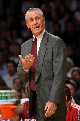 LOS ANGELES, CA - FEBRUARY 28:  Head coach Pat Riley of the Miami Heat gestures during the game with the Los Angeles Lakers on February 28, 2008 at Staples Center in Los Angeles, California.  The Lakers won 106-88. NOTE TO USER: User expressly acknowledge