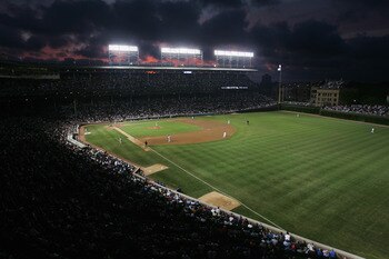 CHICAGO - AUGUST 30:  General view of the stadium after the sun set in the night sky during the game between the Los Angeles Dodgers and the Chicago Cubs on August 30, 2005 at Wrigley Field in Chicago, Illinois.  The Cubs defeated the Dodgers 6-3.  (Photo