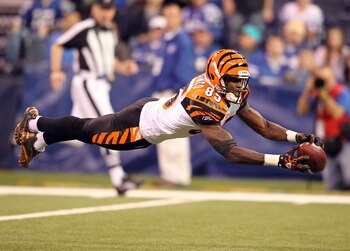 INDIANAPOLIS - NOVEMBER 14:  Chad Ochocinco #85 of the Cincinnati Bengals reaches for a pass during the Bengals 23-17 loss to the Indianapolis Colts in the NFL game at Lucas Oil Stadium on November 14, 2010 in Indianapolis, Indiana.  (Photo by Andy Lyons/