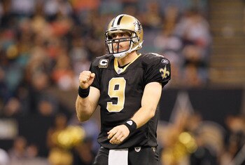 NEW ORLEANS - NOVEMBER 21:  Quarterback Drew Brees #9 of the New Orleans Saints reacts after a first down against the Seattle Seahawks at Louisiana Superdome on November 21, 2010 in New Orleans, Louisiana.  (Photo by Kevin C. Cox/Getty Images)