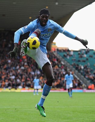 WOLVERHAMPTON, ENGLAND - OCTOBER 30:  Emmanuel Adebayor of Manchester City in action during the Barclays Premier League match between Wolverhampton Wanderers and Manchester City at Molineux on October 30, 2010 in Wolverhampton, England.  (Photo by Laurenc