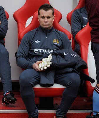 SUNDERLAND, ENGLAND - AUGUST 29: Shay Given of Manchester City sits on the bench during the Barclays Premier League match between Sunderland and Manchester City at the Stadium of Light on August 29, 2010 in Sunderland, England.  (Photo by Michael Regan/Ge