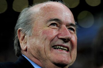 PORT ELIZABETH, SOUTH AFRICA - JULY 10:  FIFA President Joseph Sepp Blatter attends the 2010 FIFA World Cup South Africa Third Place Play-off match between Uruguay and Germany at The Nelson Mandela Bay Stadium on July 10, 2010 in Port Elizabeth, South Afr