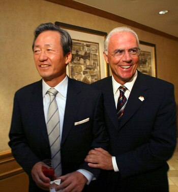 SEOUL, SOUTH KOREA - OCTOBER 5: Franz Beckenbauer (R), president of the 2006 Football World Cup organizing committee, jokes with Chung Mong-Joon, president of KFA (Korea Football Association) before a presentation session for 2006 Football World Cup on Oc