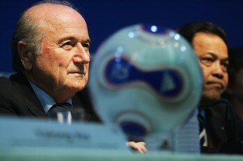 HANGZHOU, CHINA - SEPTEMBER 27:  FIFA President Joseph S. Blatter and Chairman of the Committee for Women's Football Worawi Makudi talk to media at a press conference before the Women's World Cup 2007 Semi Final match between USA and Brazil at Hangzhou Dr