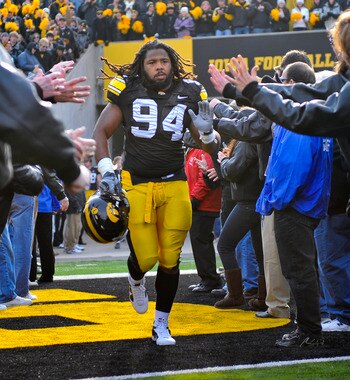 IOWA CITY, IA - NOVEMBER 20:  Defensive end Adrian Clayborn #94 of the University of Iowa Hawkeyes takes the field for the Ohio State Buckeyes NCAA college football game at Kinnick Stadium on November 20, 2010 in Iowa City, Iowa. Ohio State won 20-17 over