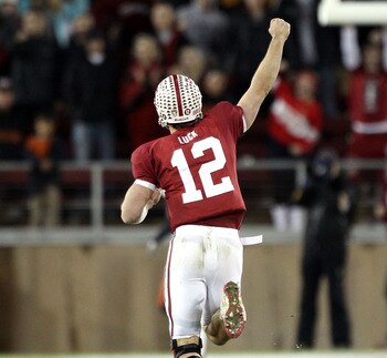 PALO ALTO, CA - NOVEMBER 27:  Andrew Luck #12  of the Stanford Cardinal celebrates after they scored a touchdown during their game against the Oregon State Beavers at Stanford Stadium on November 27, 2010 in Palo Alto, California.  (Photo by Ezra Shaw/Get