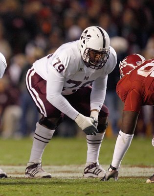 TUSCALOOSA, AL - NOVEMBER 15:  J.C. Brignone #70 and Derek Sherrod #79of the Mississippi State Bulldogs get ready on the line of scrimmage during the game against the Alabama Crimson Tide at Bryant-Denny Stadium on November 15, 2008 in Tuscaloosa, Alabama