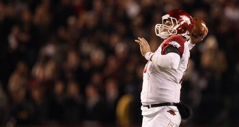 COLUMBIA, SC - NOVEMBER 06:  Ryan Mallett #15 of the Arkansas Razorbacks against the South Carolina Gamecocks during their game at Williams-Brice Stadium on November 6, 2010 in Columbia, South Carolina.  (Photo by Streeter Lecka/Getty Images)