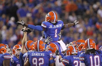 GAINESVILLE, FL - NOVEMBER 13: Janoris Jenkins #1 of the Florida Gators gets the crowd up during a game against the South Carolina Gamecocks at Ben Hill Griffin Stadium on November 13, 2010 in Gainesville, Florida.  (Photo by Mike Ehrmann/Getty Images)